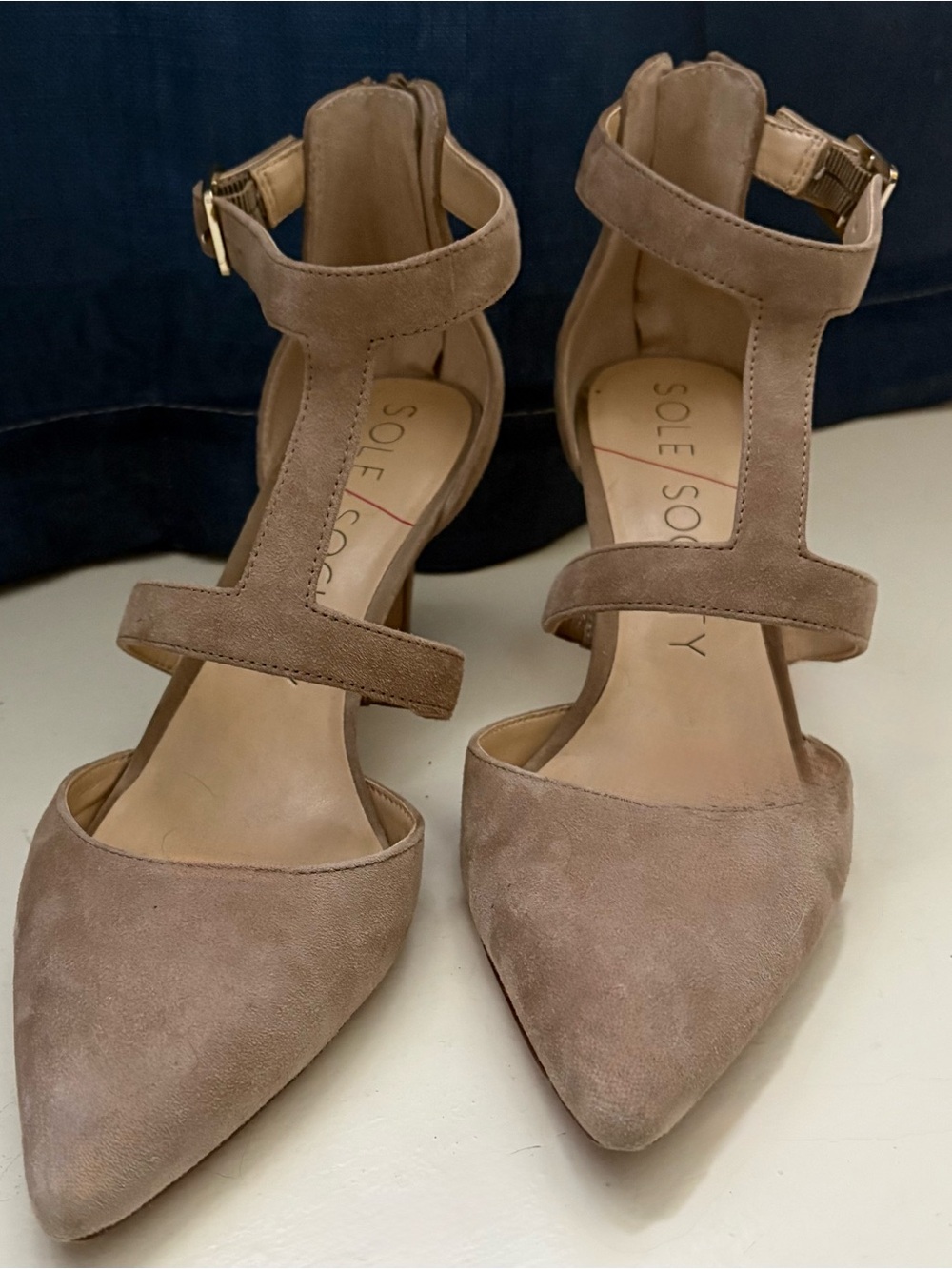 ❤️ Sole Society Edelyn Taupe Suede Pointed Toe Ankle Strap 2.75” Heels Size 8.5